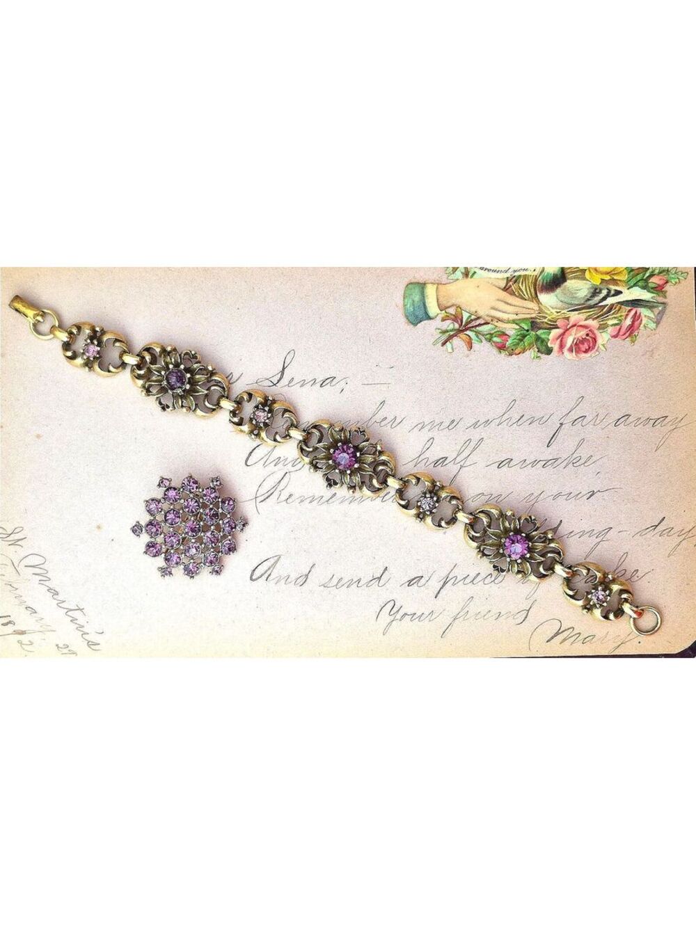 Vintage Coro Purple Rhinestone Floral Bracelet & Brooch Lot